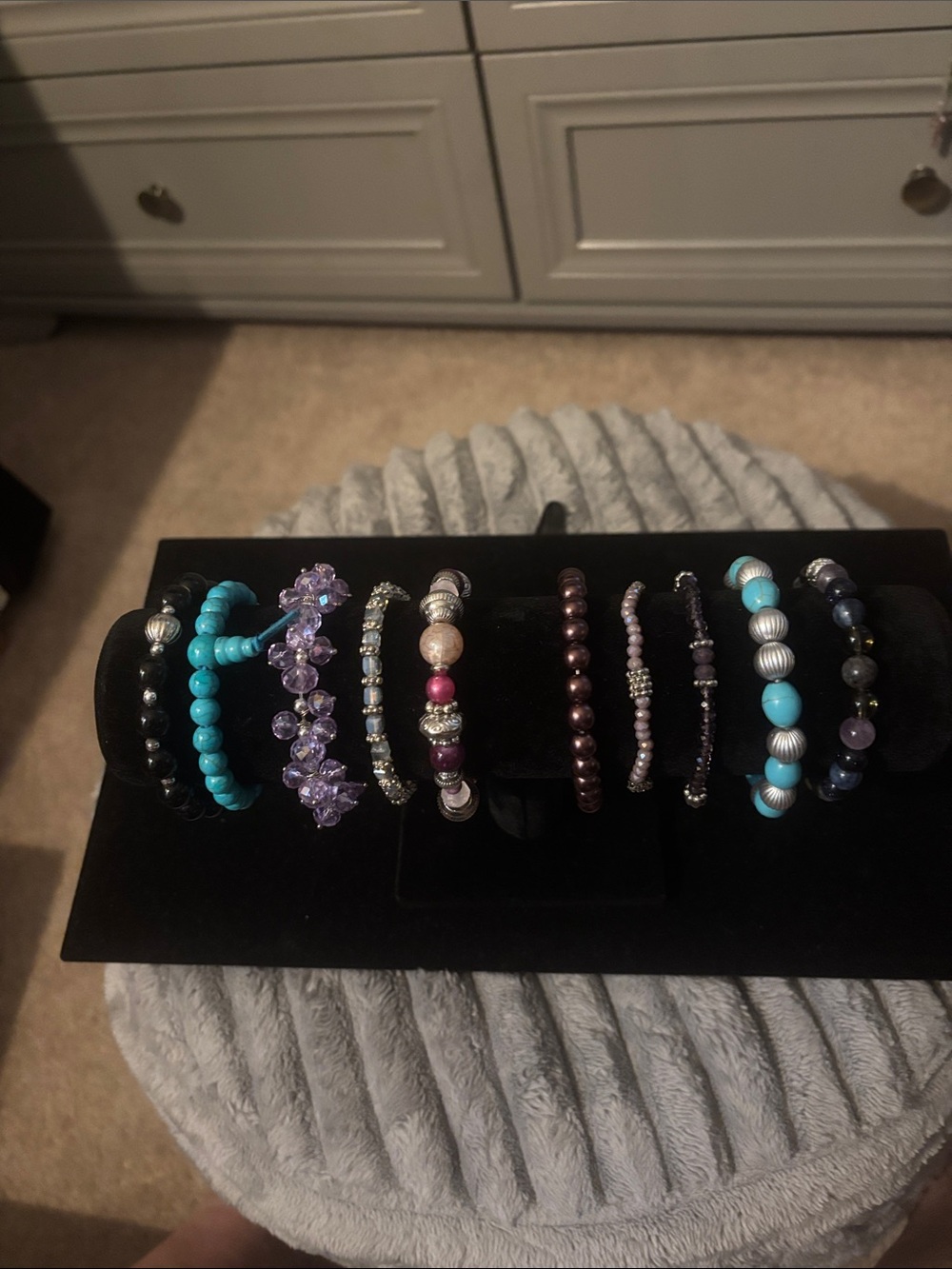 Mixed Bead and Crystal Stretch Bracelet Set - Turquoise, Purple, Black